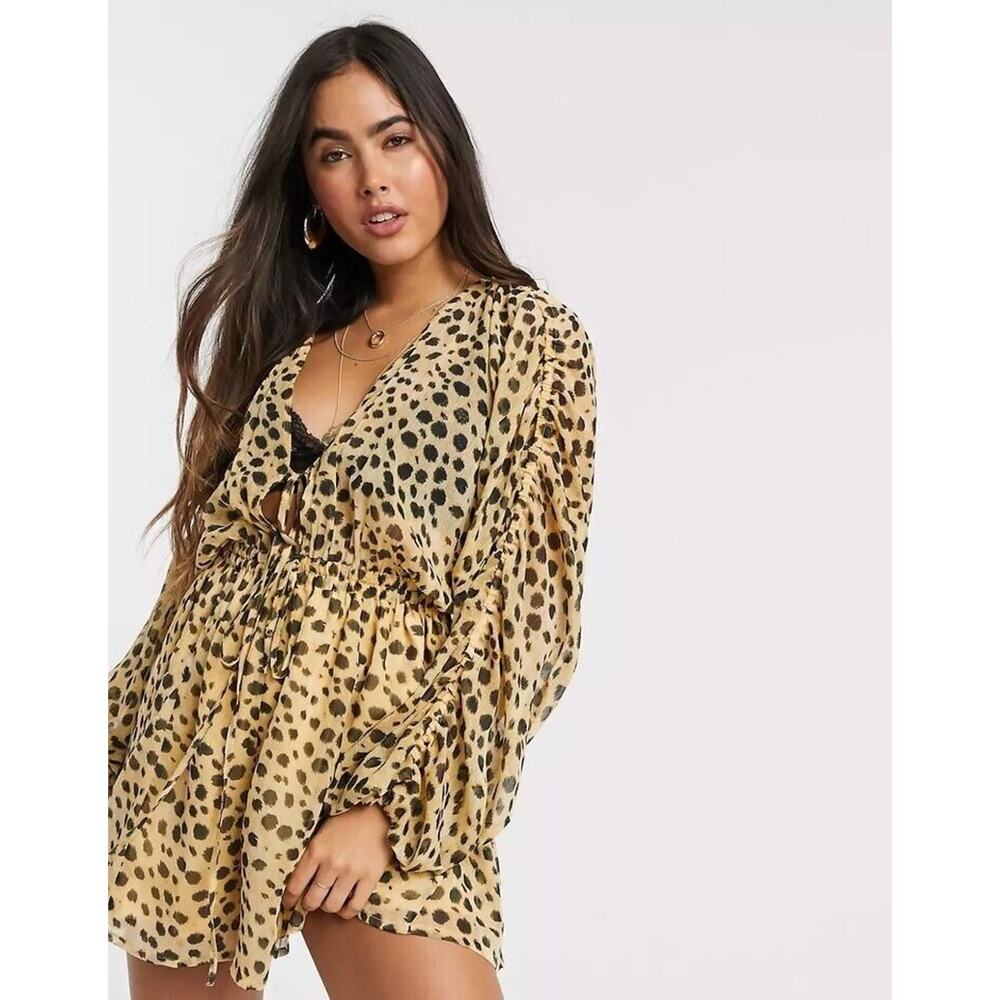 ASOS US 6* Gathered Waist Blouson Sleeve Chiffon Romper Leopard Print - Picture 10 of 11